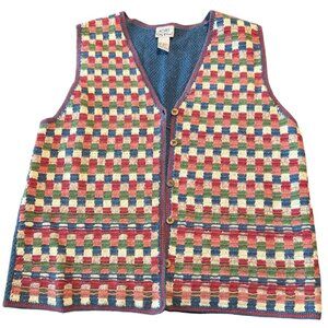 VTG Koret City Blues Embroidered Cotton Blend Vest Sweater Women M Checkered